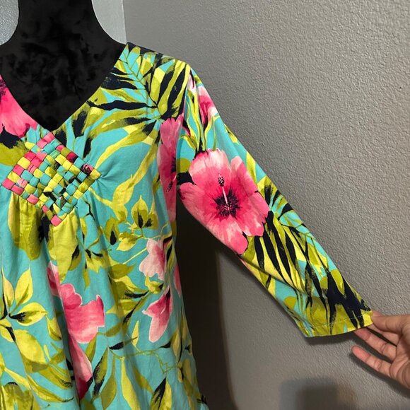 Caribbean Joe Top Womens XL Floral Tunic V-Neck 3/4 Sleeve Boho Beachcore - Picture 3 of 8